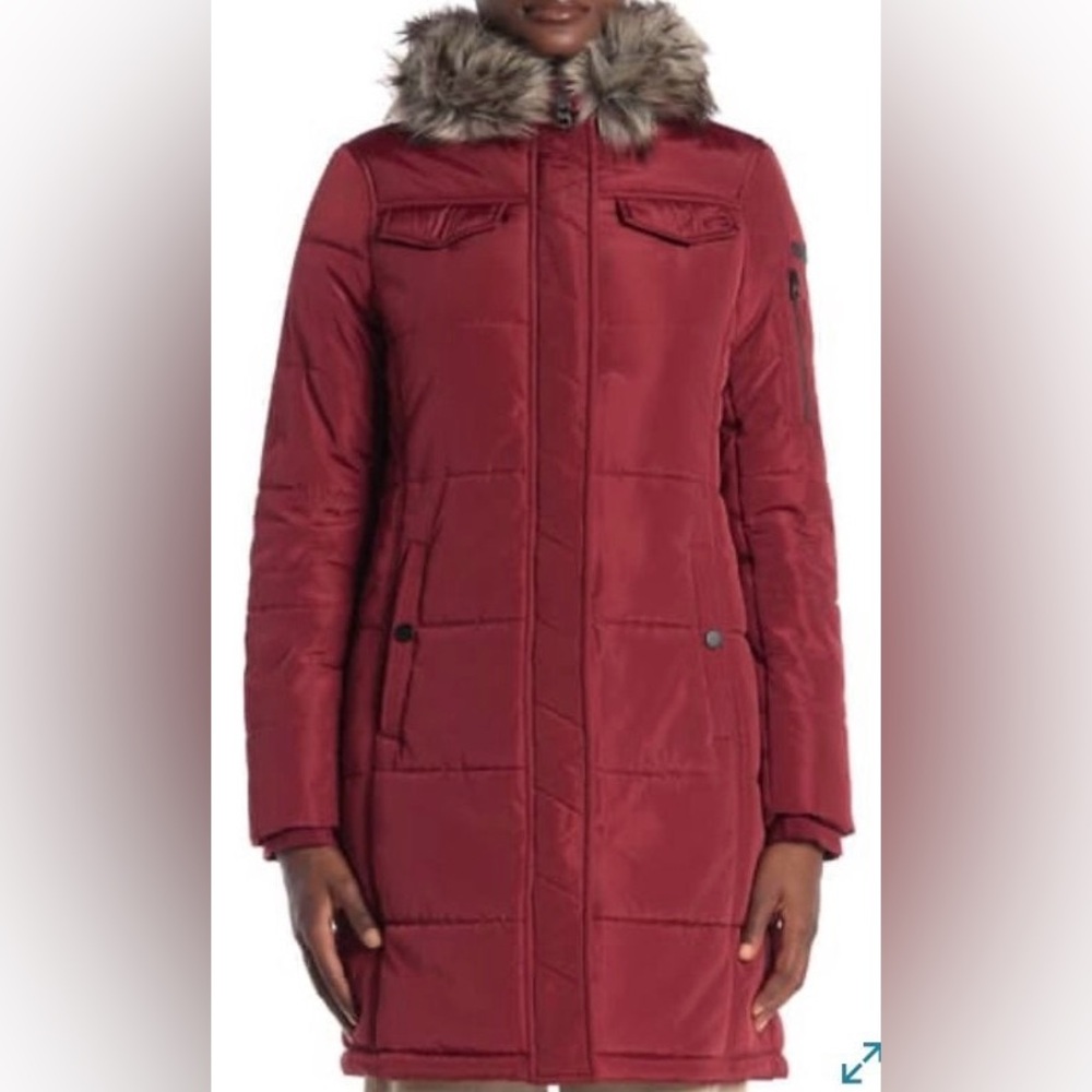 Lucky Brand Burgundy Puffer Coat with Faux Fur Trim